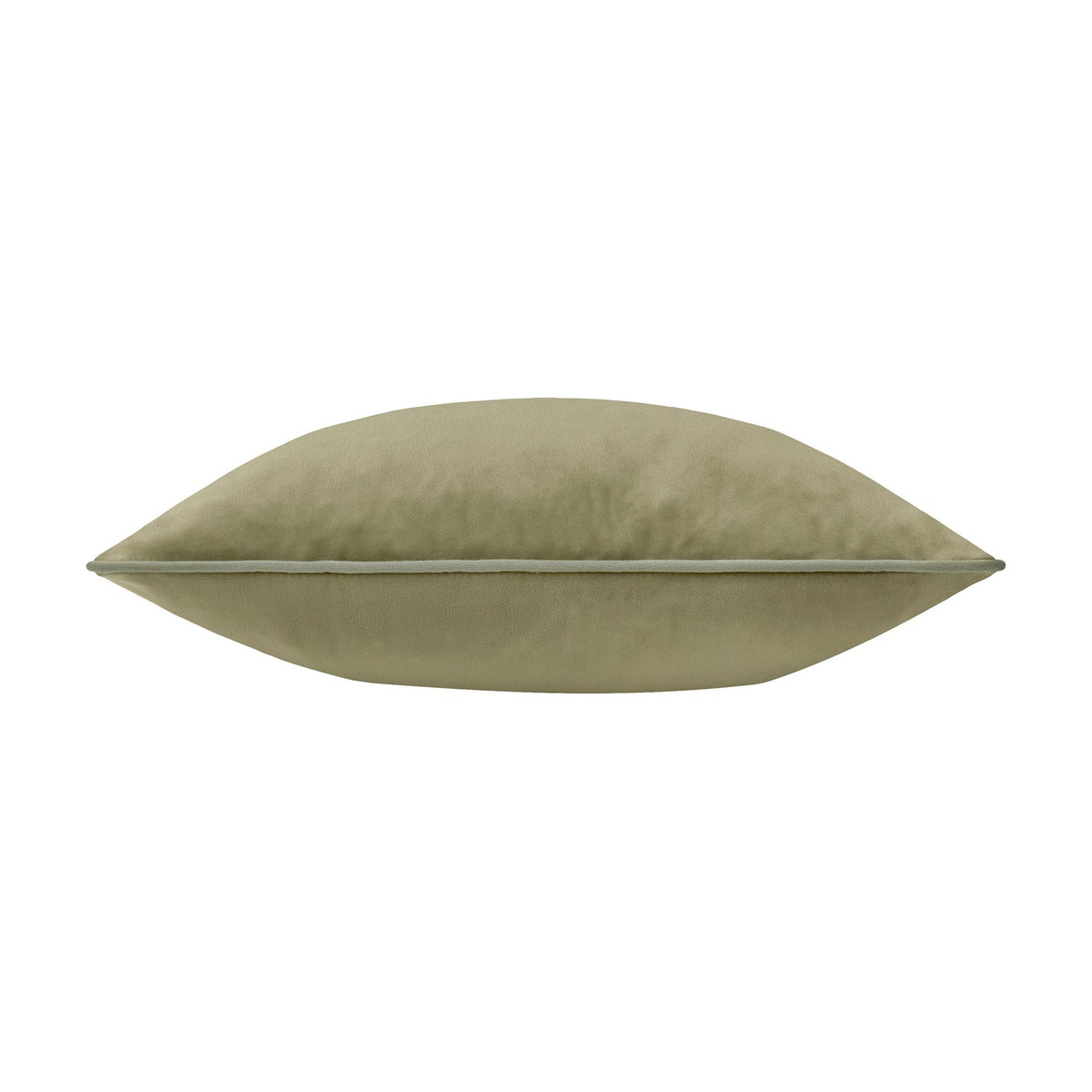 Meridian Plain Velvet Cushion in sage green, shown side-on to reveal its plump velvet form and contrasting piped edge trim, set against a plain white background.