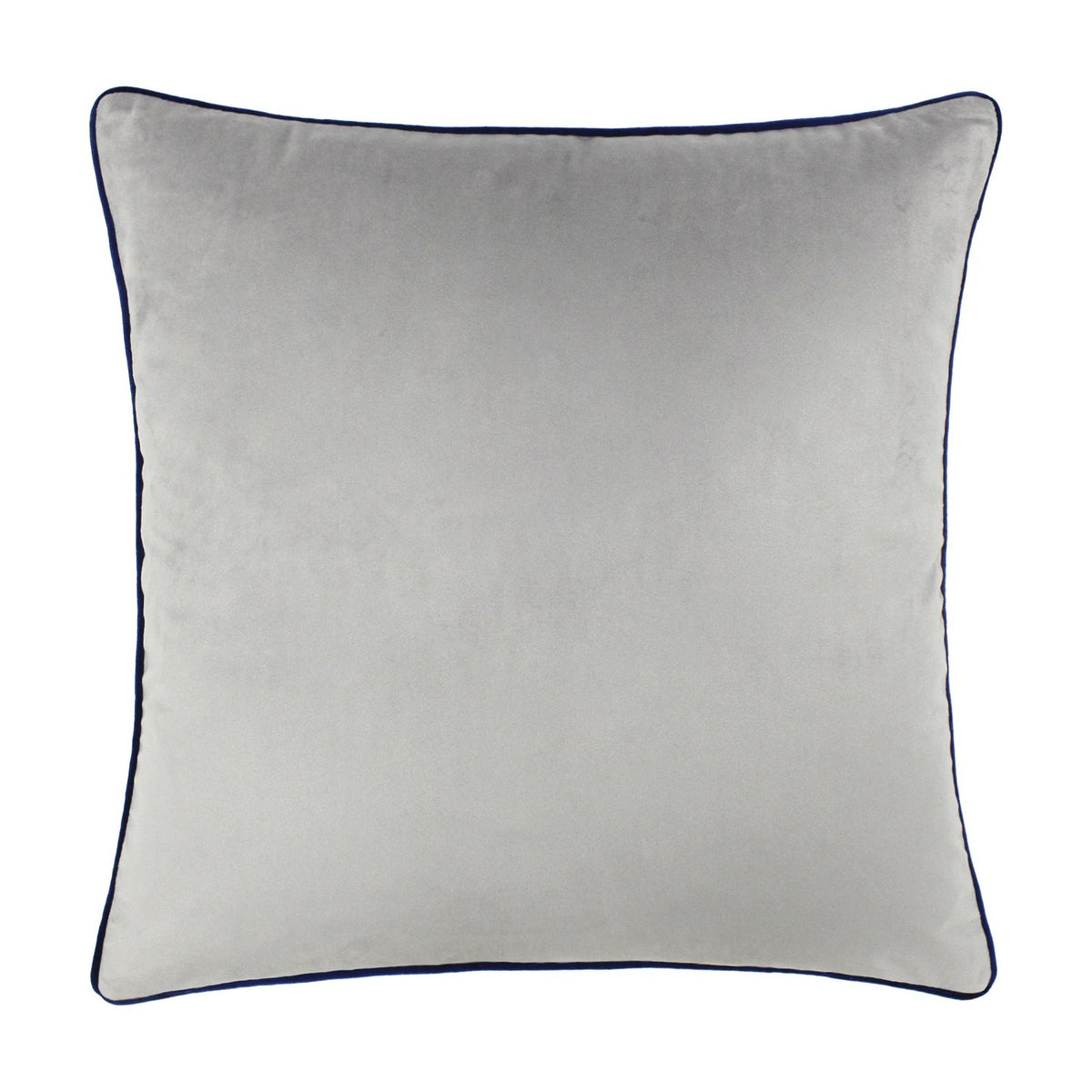 Meridian Plain Velvet Cushion in silver grey with contrasting navy blue piped edge, square shape, shown on a plain white background.