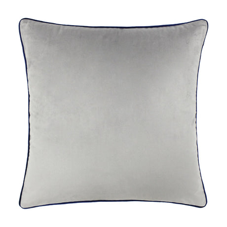Meridian Plain Velvet Cushion in silver grey with contrasting navy blue piped edge, square shape, shown on a plain white background.