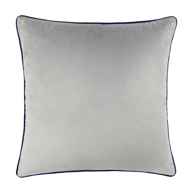Meridian Plain Velvet Cushion in silver grey with contrasting navy blue piped edge, square shape, shown on a plain white background.