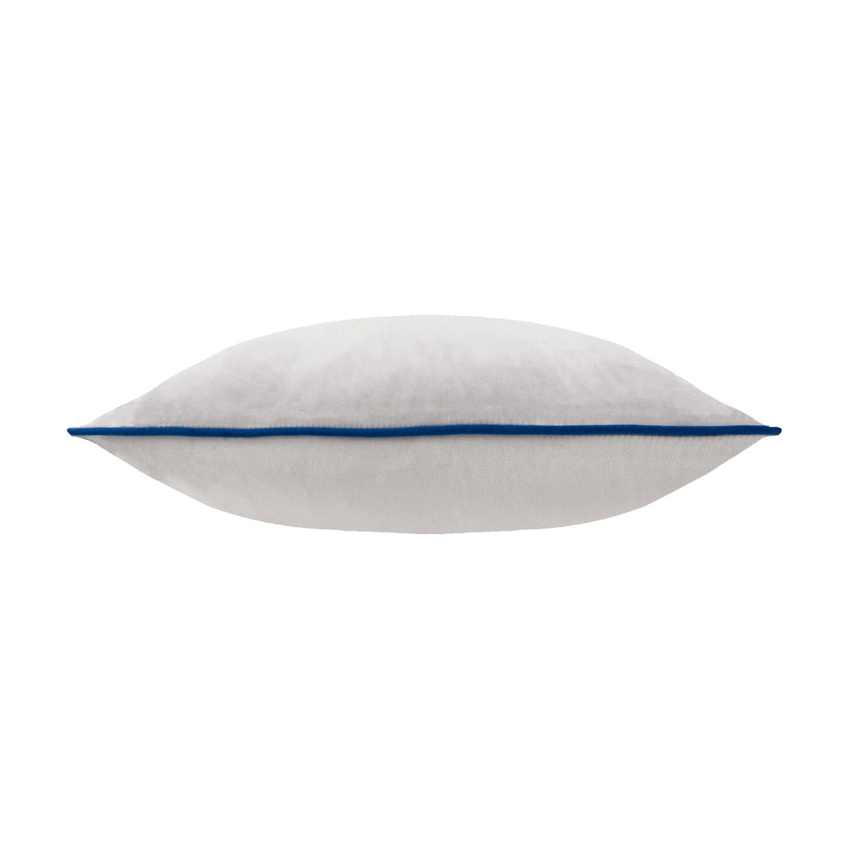 Side view of the Meridian Plain Velvet Cushion in silver grey velvet with a contrasting navy piped edge, shown on a plain white background.