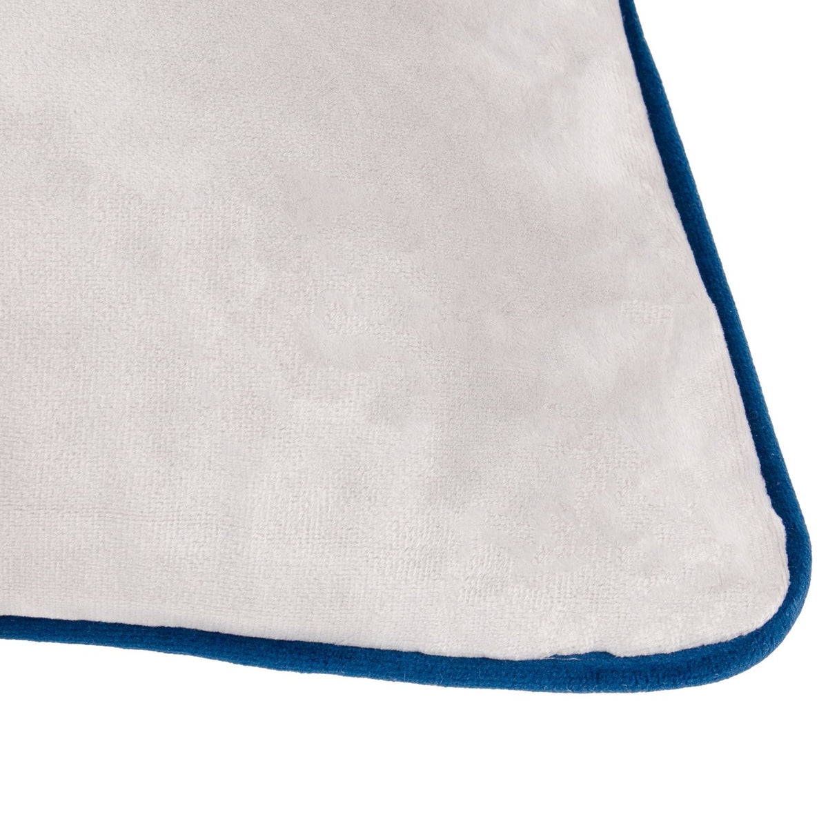 Close-up of the Meridian Plain Velvet Cushion in silver grey velvet with a contrasting navy blue piped edge, shown on a plain white background.
