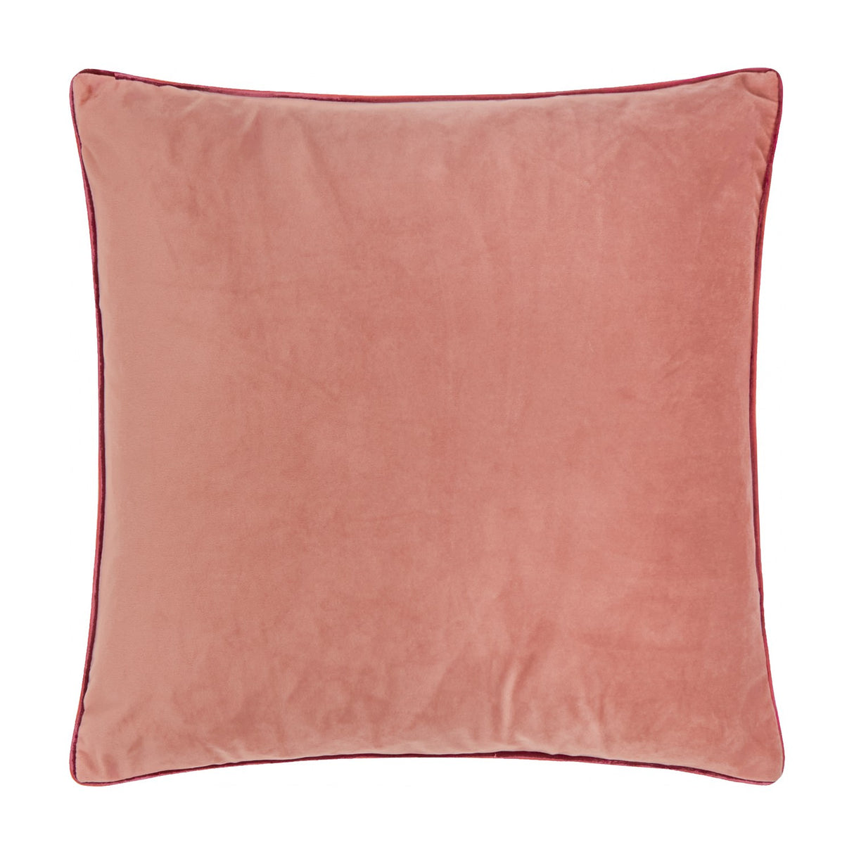 Meridian Plain Velvet Cushion in soft coral Slipper pink with contrasting burgundy piped edge trim, square shape, shown on a plain white background.