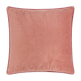 Meridian Plain Velvet Cushion in soft coral Slipper pink with contrasting burgundy piped edge trim, square shape, shown on a plain white background.