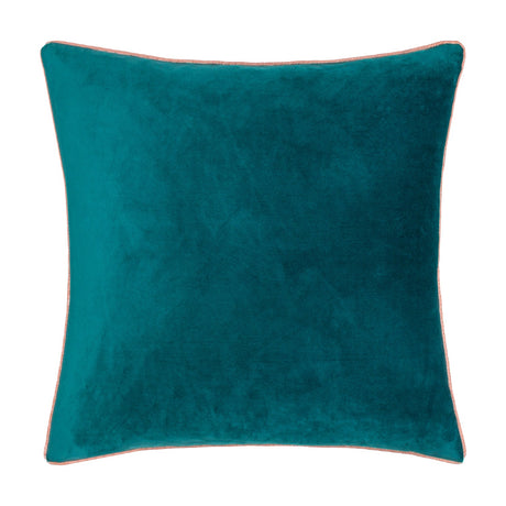 Meridian Plain Velvet Cushion in deep teal with a contrasting blush pink piped border, square shape, velvet-feel polyester fabric, shown on a plain white background.