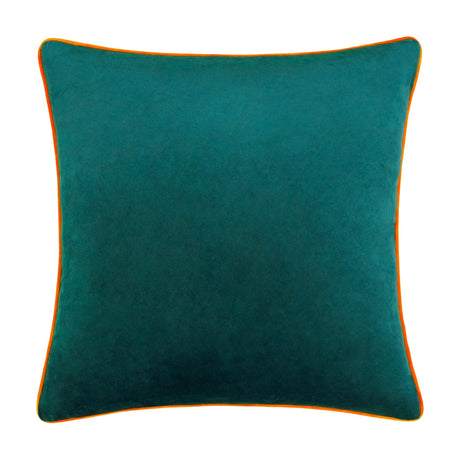 Square Meridian velvet cushion in deep teal with contrasting clementine orange piped edging, shown on a plain white background.