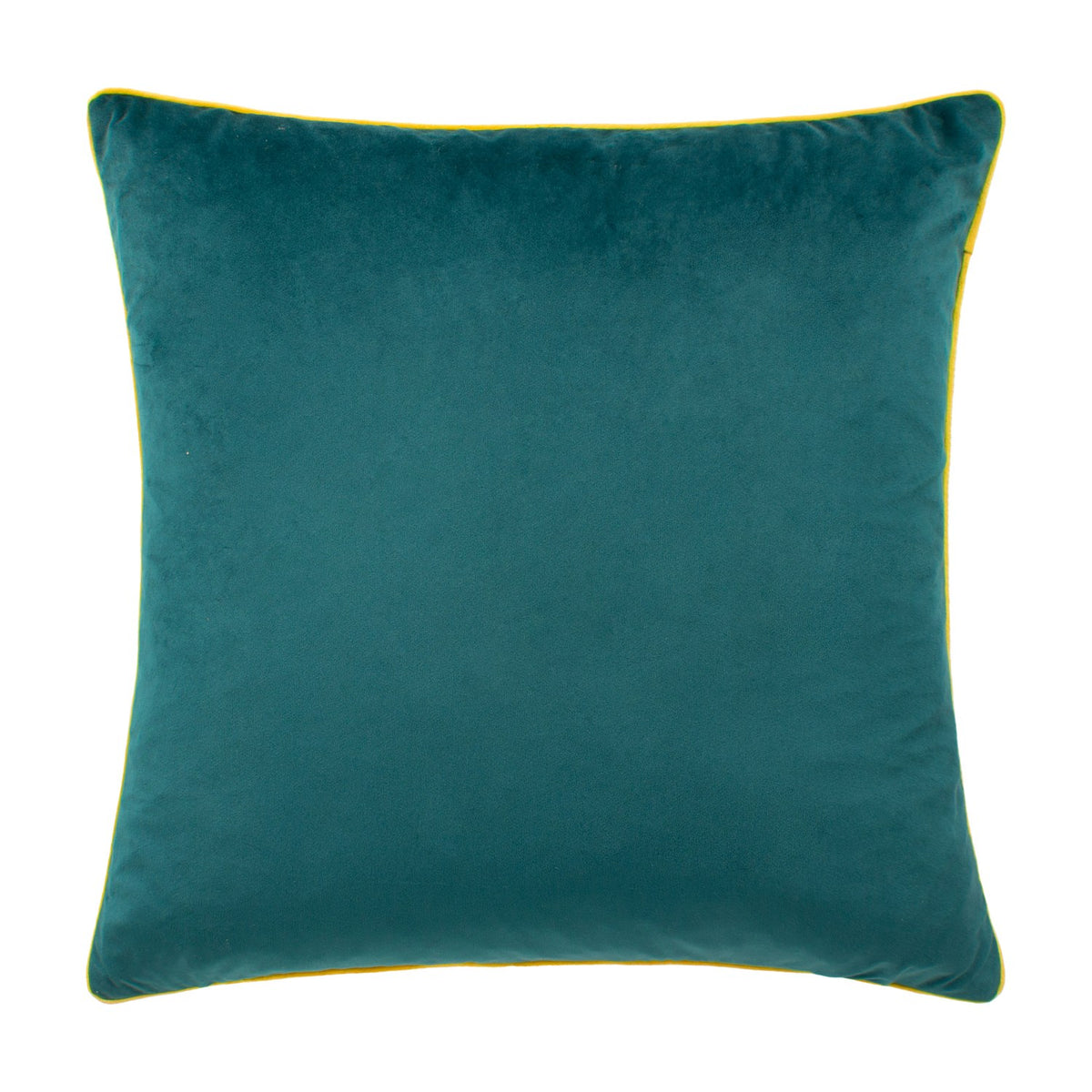 Meridian Plain Velvet Cushion in deep teal with a contrasting bright yellow piped edge, square velvet fabric design shown on a plain white background.