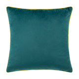 Meridian Plain Velvet Cushion in deep teal with a contrasting bright yellow piped edge, square velvet fabric design shown on a plain white background.