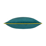 Meridian Plain Velvet Cushion in teal, shown side-on with a contrasting yellow piped edge, plain velvet fabric, on a white background.