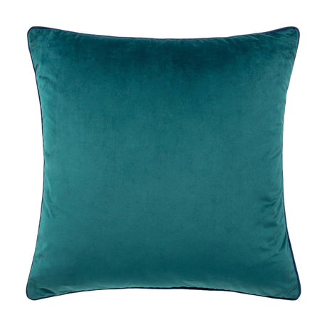 Meridian Plain Velvet Cushion in teal, a square scatter cushion with soft velvet-feel fabric, plain front and reverse, and navy piped trim edging, shown on a plain white background.