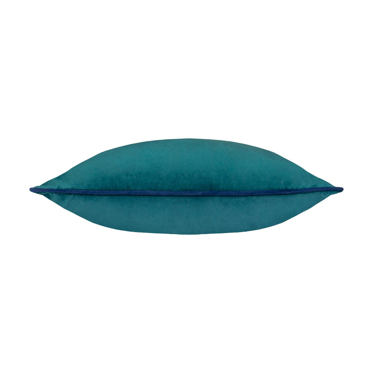 Meridian Plain Velvet Cushion in teal, a plump square cushion with a plain velvet-feel front and navy piped trim edging, shown side-on against a plain white background.