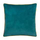 Meridian plain velvet cushion in deep teal with a contrasting ochre-gold piped trim around the square edge, shown on a plain white background.