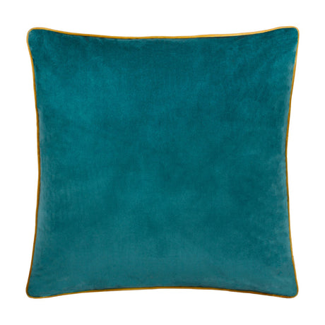 Meridian plain velvet cushion in deep teal with a contrasting ochre-gold piped trim around the square edge, shown on a plain white background.