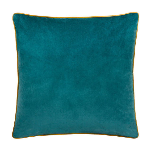 Meridian plain velvet cushion in deep teal with a contrasting ochre-gold piped trim around the square edge, shown on a plain white background.