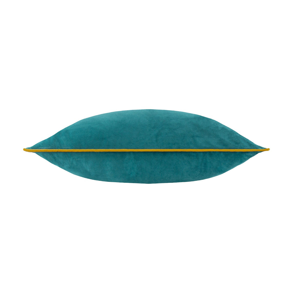 Meridian Plain Velvet Cushion in deep teal velvet, shown side-on with ochre-gold piped trim along the seam, on a plain white background.