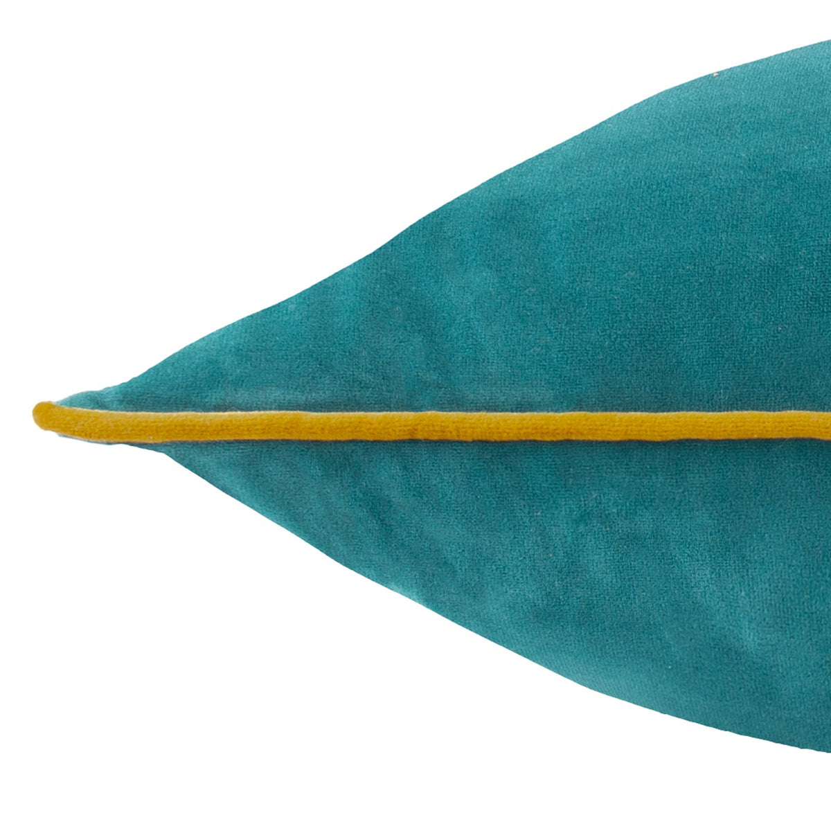 Close-up of the Meridian square cushion's pointed corner in deep teal velvet, edged with a contrasting ochre-gold piped trim, on a plain white background.