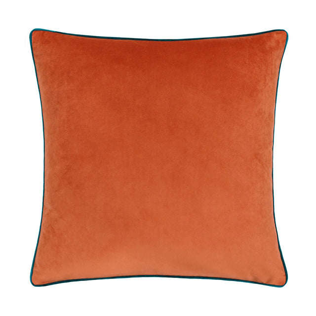 Meridian Plain Velvet Cushion in burnt orange with contrast teal piped edging, square shape, plain background.