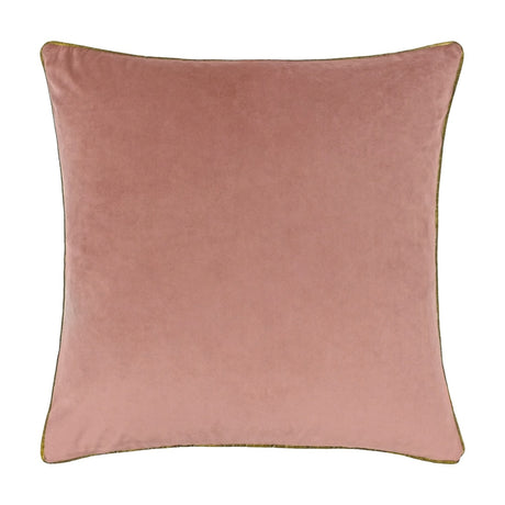 Meridian Plain Velvet Cushion in dusty pink with contrasting gold piped edge, square velvet design on a plain white background.