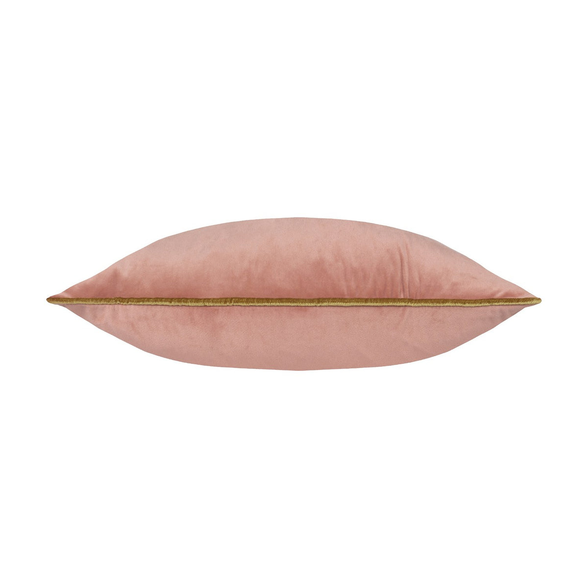 Meridian Plain Velvet Cushion in dusty pink, shown side-on with gold piped edging along the seam, plain velvet fabric on a white background.