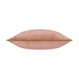 Meridian Plain Velvet Cushion in dusty pink, shown side-on with gold piped edging along the seam, plain velvet fabric on a white background.