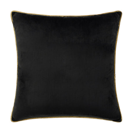 Meridian square velvet-feel cushion in black with gold piping trim along the edges, shown on a plain white background.