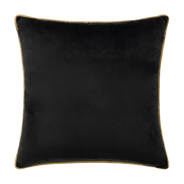 Meridian square velvet-feel cushion in black with gold piping trim along the edges, shown on a plain white background.