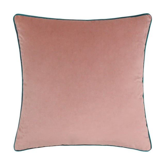Meridian Plain Velvet Cushion in blush pink with contrasting teal piped edge, square 55x55cm design shown against a plain white background.