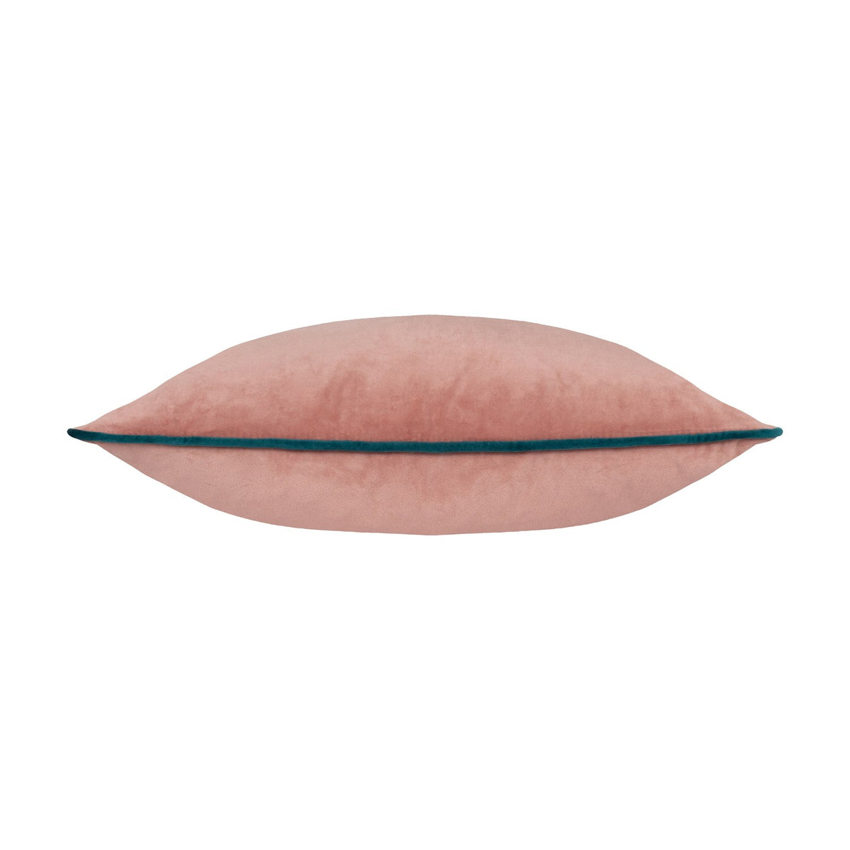 Meridian Plain Velvet Cushion in blush pink with teal piped edge, shown side-on in velvet fabric against a plain white background.