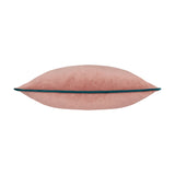 Meridian Plain Velvet Cushion in blush pink with teal piped edge, shown side-on in velvet fabric against a plain white background.