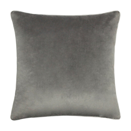 Meridian Plain Velvet Cushion in charcoal grey, a square 55 x 55cm design with soft velvet-feel fabric and contrasting dove silver piped edges, shown on a plain white background.