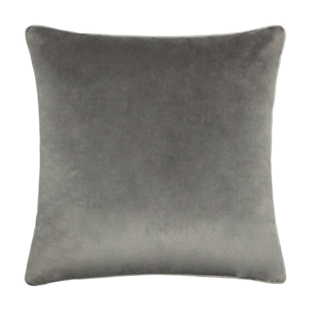 Meridian Plain Velvet Cushion in charcoal grey, a square 55 x 55cm design with soft velvet-feel fabric and contrasting dove silver piped edges, shown on a plain white background.