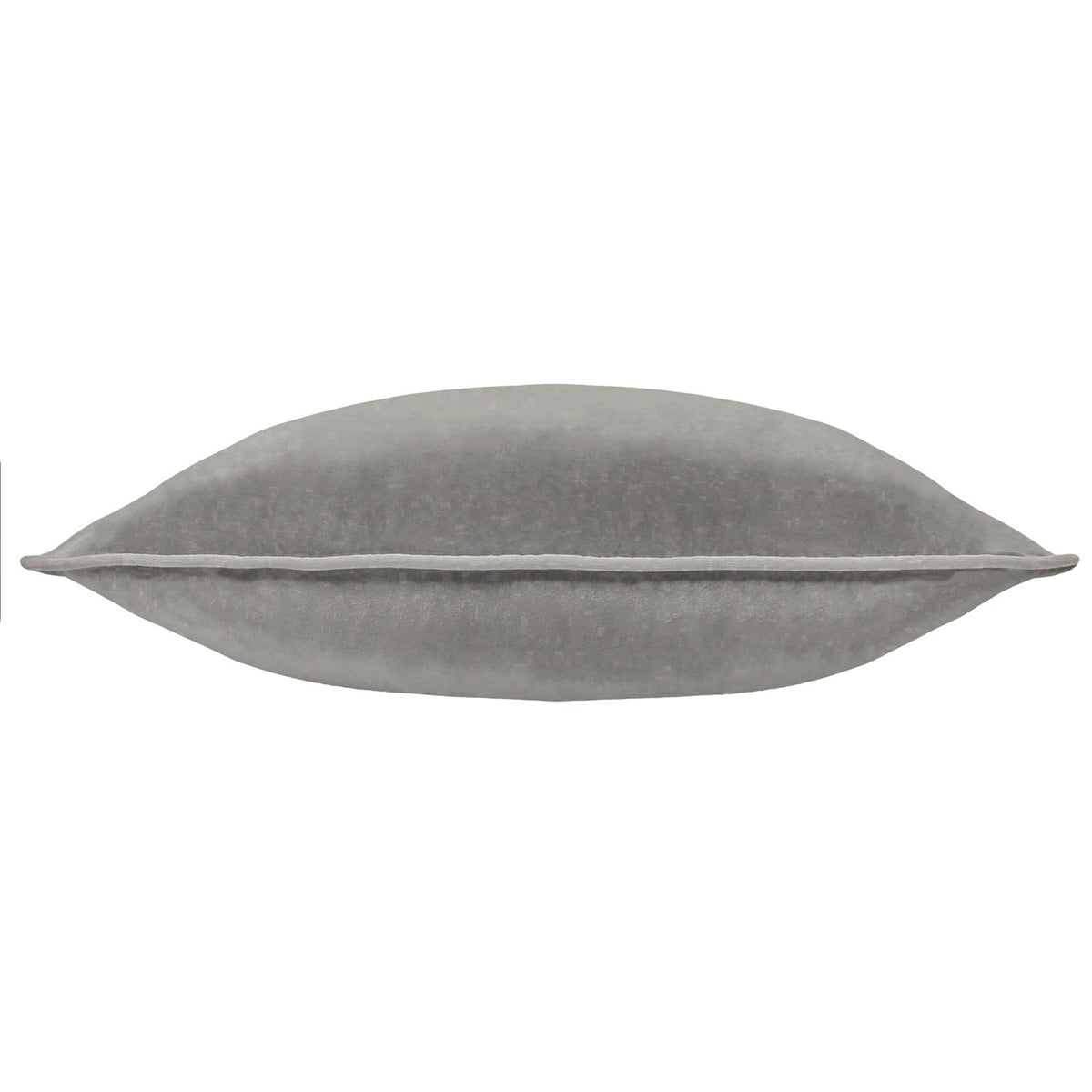 Meridian plain velvet cushion in charcoal grey, shown side-on with a plump plain face and contrasting dove silver piped edge, on a white background.