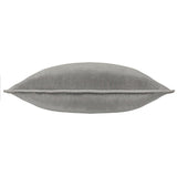 Meridian plain velvet cushion in charcoal grey, shown side-on with a plump plain face and contrasting dove silver piped edge, on a white background.
