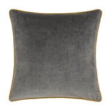 Meridian Plain Velvet Cushion in charcoal grey with a contrasting moss green piped border, shown on a plain white background.