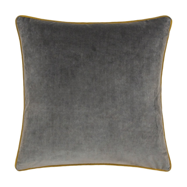 Meridian Plain Velvet Cushion in charcoal grey with a contrasting moss green piped border, shown on a plain white background.
