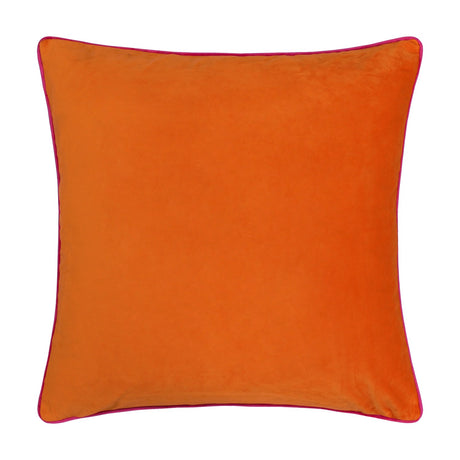 Meridian Plain Velvet Cushion in clementine orange with contrasting hot pink piped edging, square shape, shown on a plain white background.