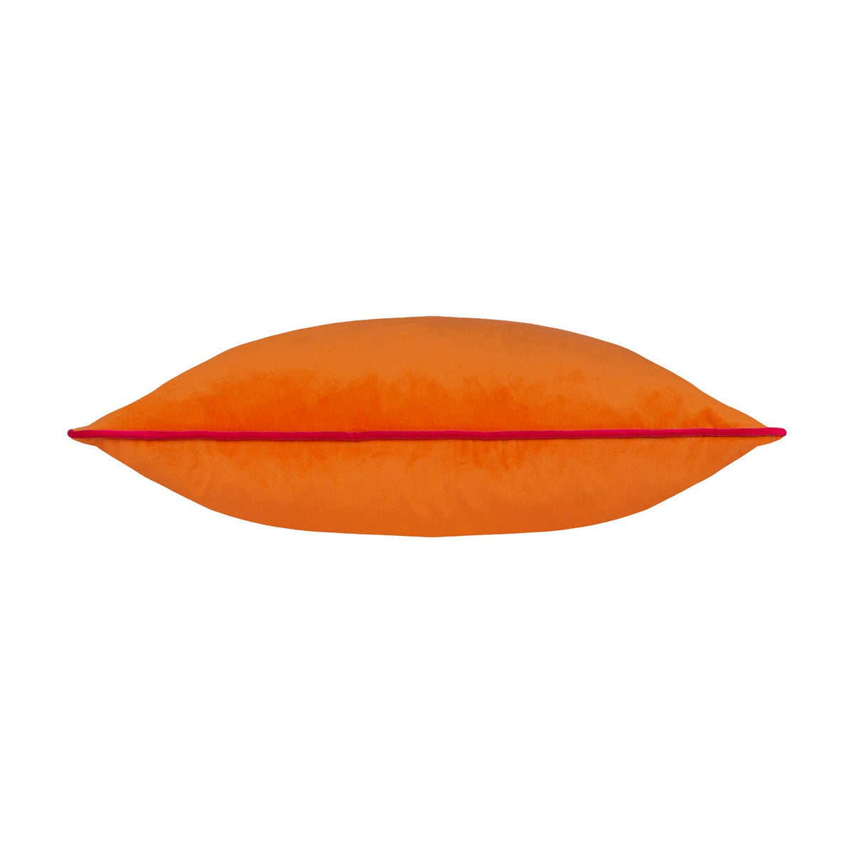 Meridian Plain Velvet Cushion in clementine orange with a hot pink piped edge, shown on its side on a plain white background.