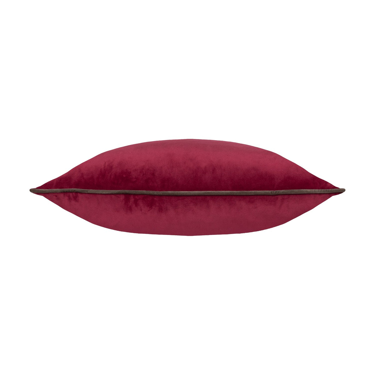 Meridian Plain Velvet Cushion in cranberry pink with a contrasting mocha piped edge, shown side-on against a plain white background.