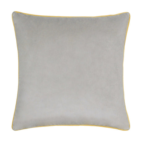 Meridian Plain Velvet Cushion in dove grey, square scatter cushion with contrasting yellow piped border, shown on a plain white background.