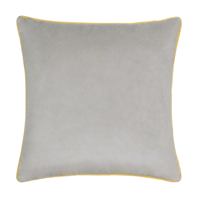 Meridian Plain Velvet Cushion in dove grey, square scatter cushion with contrasting yellow piped border, shown on a plain white background.
