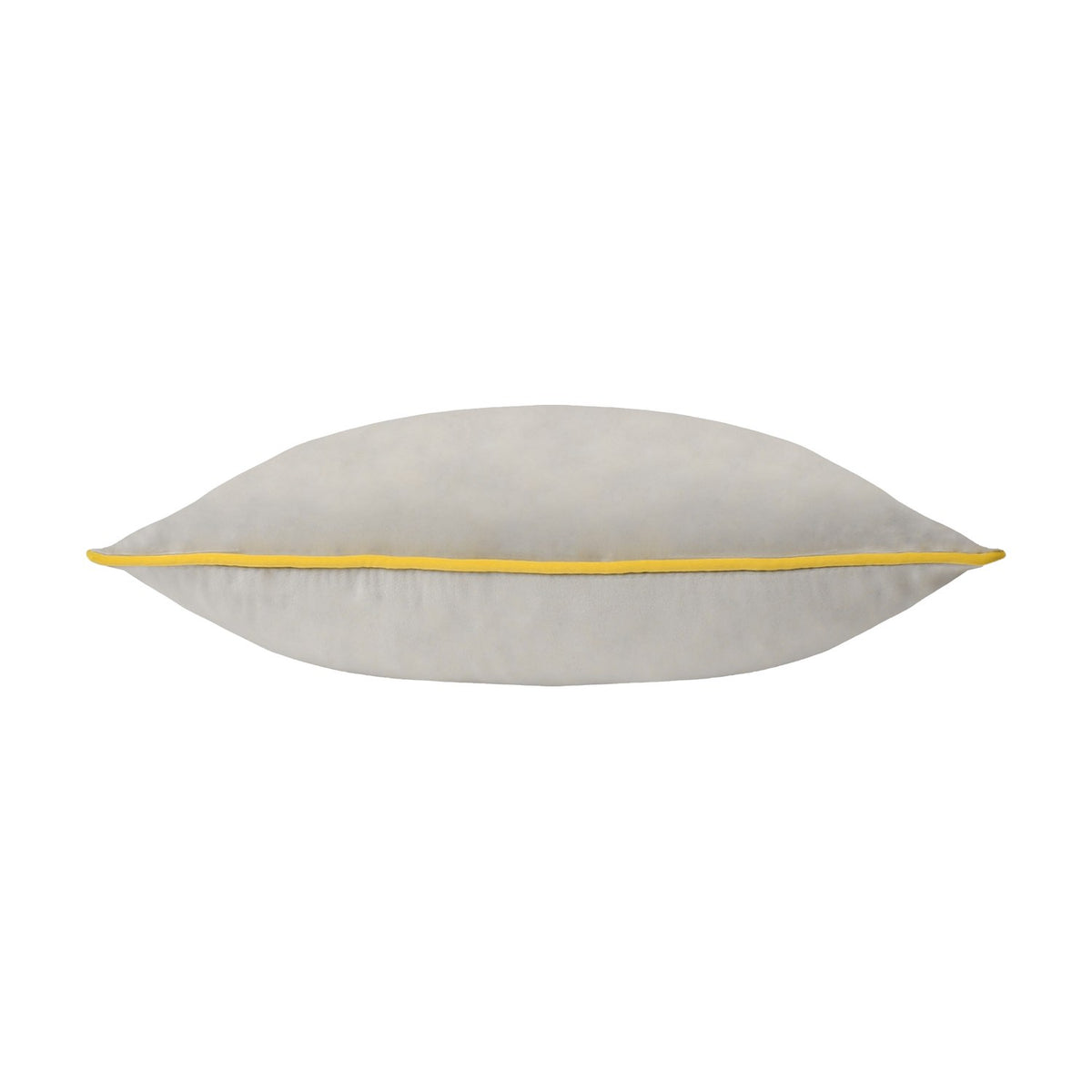 Meridian Plain Velvet Cushion in dove grey with contrasting yellow piped edging, shown side-on to reveal its plump shape, on a plain white background.
