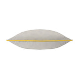 Meridian Plain Velvet Cushion in dove grey with contrasting yellow piped edging, shown side-on to reveal its plump shape, on a plain white background.
