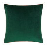 Meridian velvet cushion in emerald green with a blush pink piped edge, square shape, shown on a plain white background.