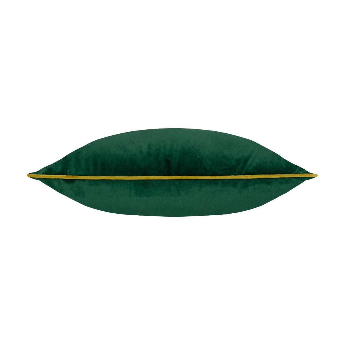 Meridian Plain Velvet Cushion in emerald green, shown side-on with moss green piped edge trim along the seam, plain background.