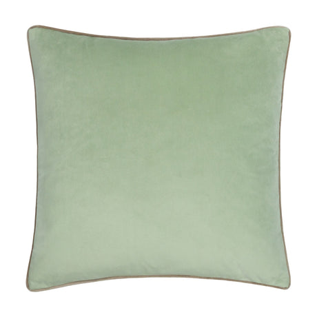 Meridian Plain Velvet Cushion in sage green, a square design with smooth velvet pile and a contrasting taupe piped edge, shown on a plain white background.