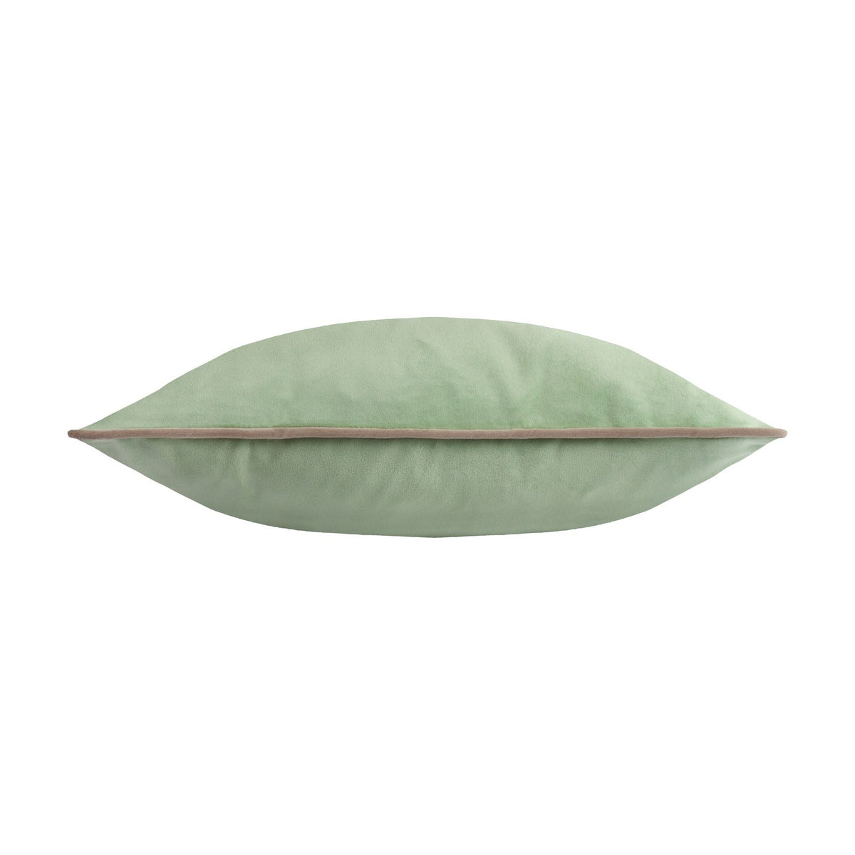 Meridian Plain Velvet Cushion in sage green, shown side-on with contrasting taupe piped trim along the edge, plain white background.