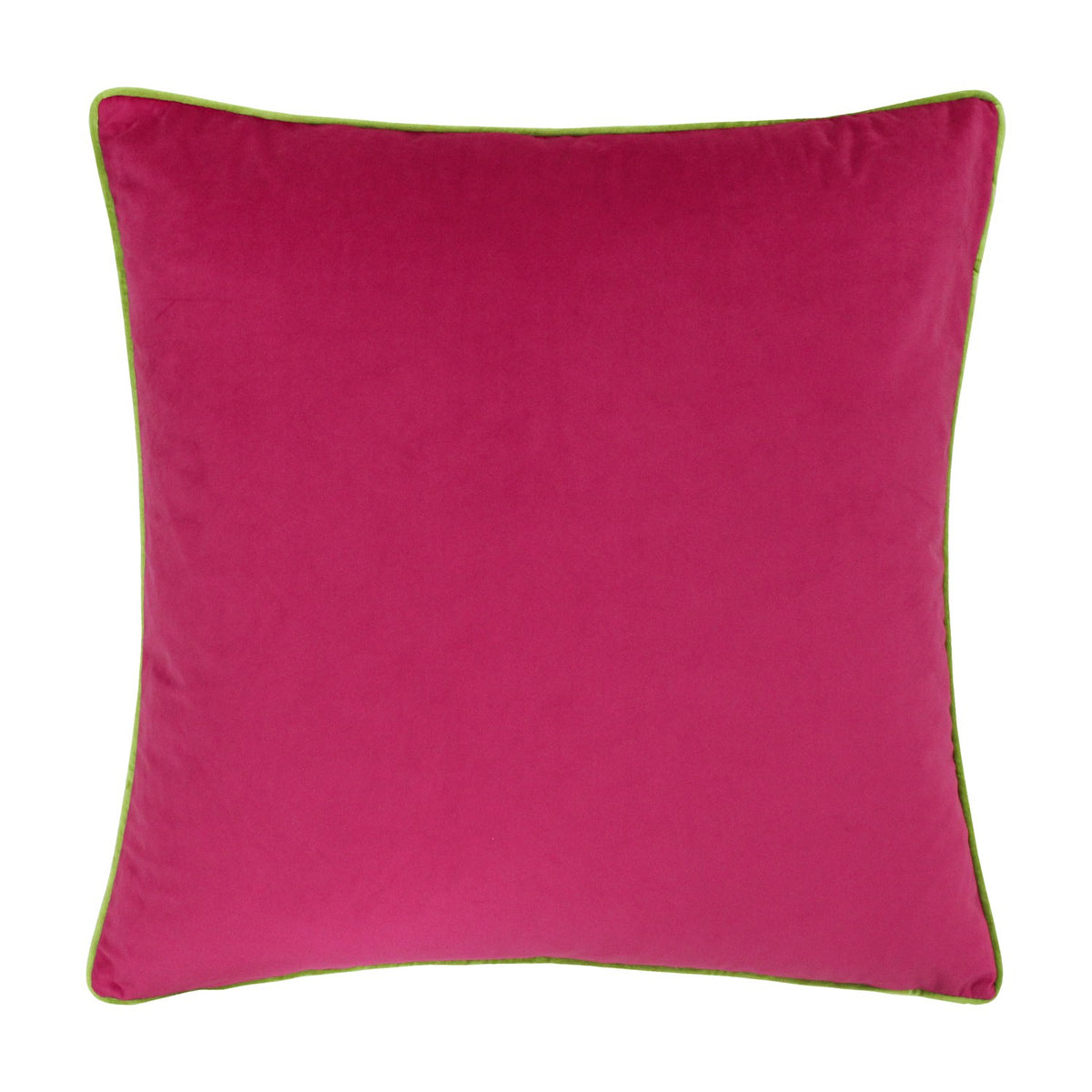Meridian Plain Velvet Cushion in hot pink with contrasting lime green piped edging, shown square-shaped on a plain white background.