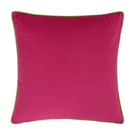 Meridian Plain Velvet Cushion in hot pink with contrasting lime green piped edging, shown square-shaped on a plain white background.