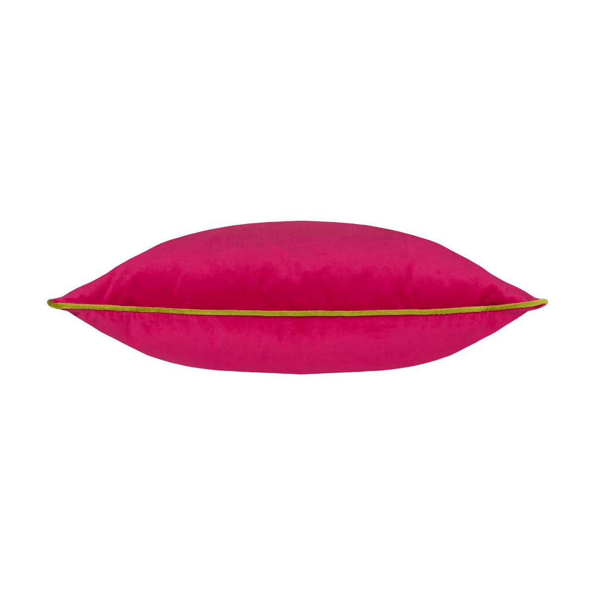 Meridian Plain Velvet Cushion in hot pink with a lime green piped edge, shown side-on on a plain white background.