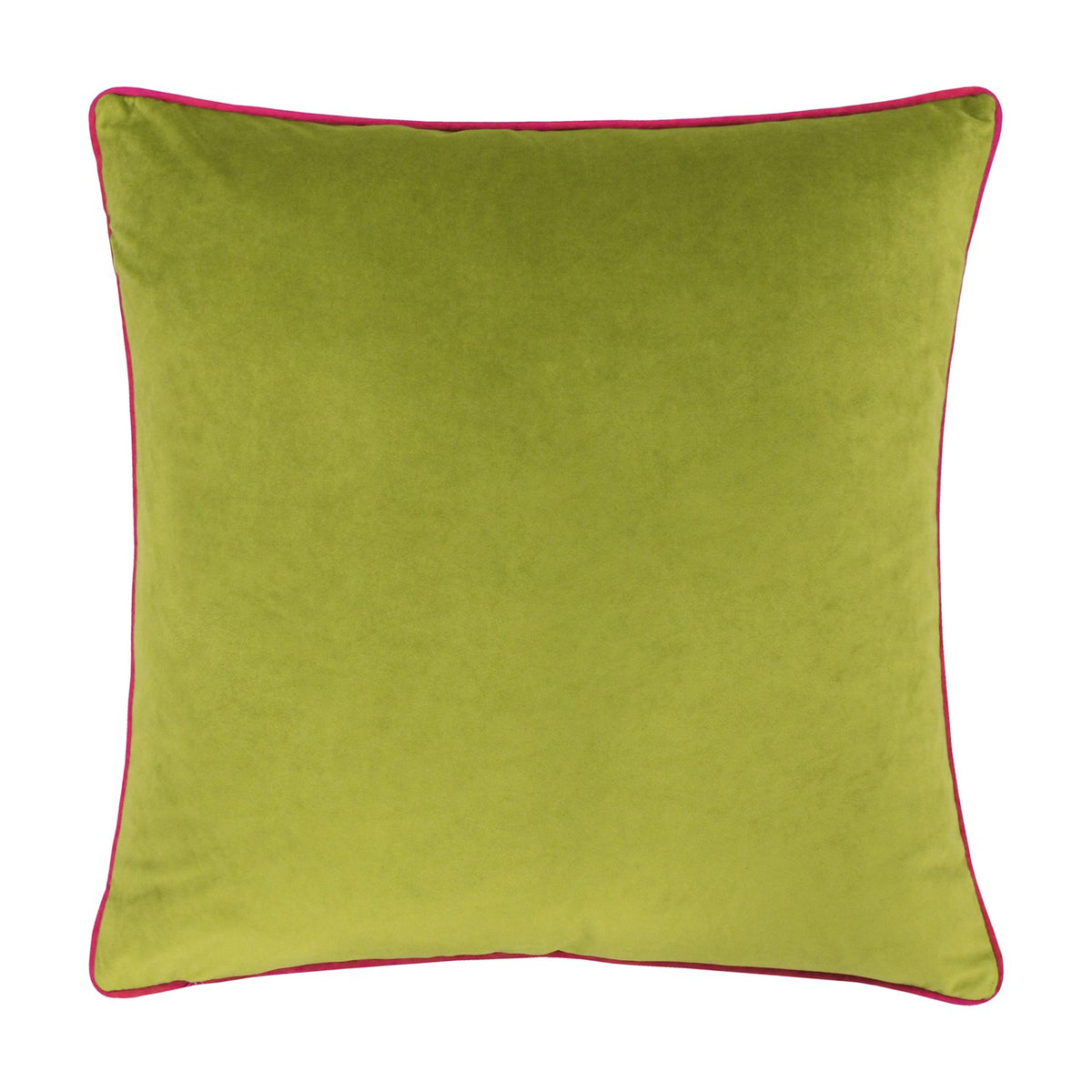 Meridian Plain Velvet Cushion in lime green with contrasting hot pink piped edging, square 55x55cm design shown on a plain white background.